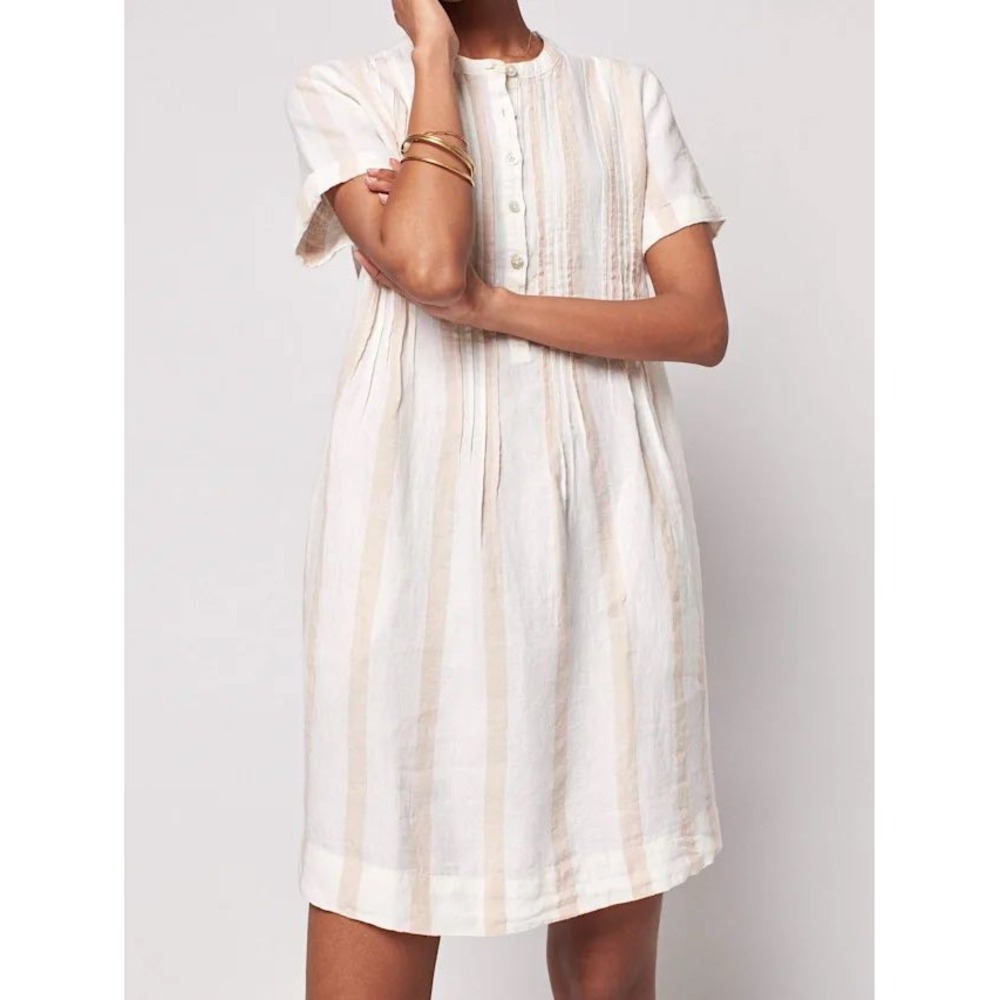 Faherty Gemina Linen Shift Dress XS Vanilla Stripe Pintuck Cottage Coastal Clean